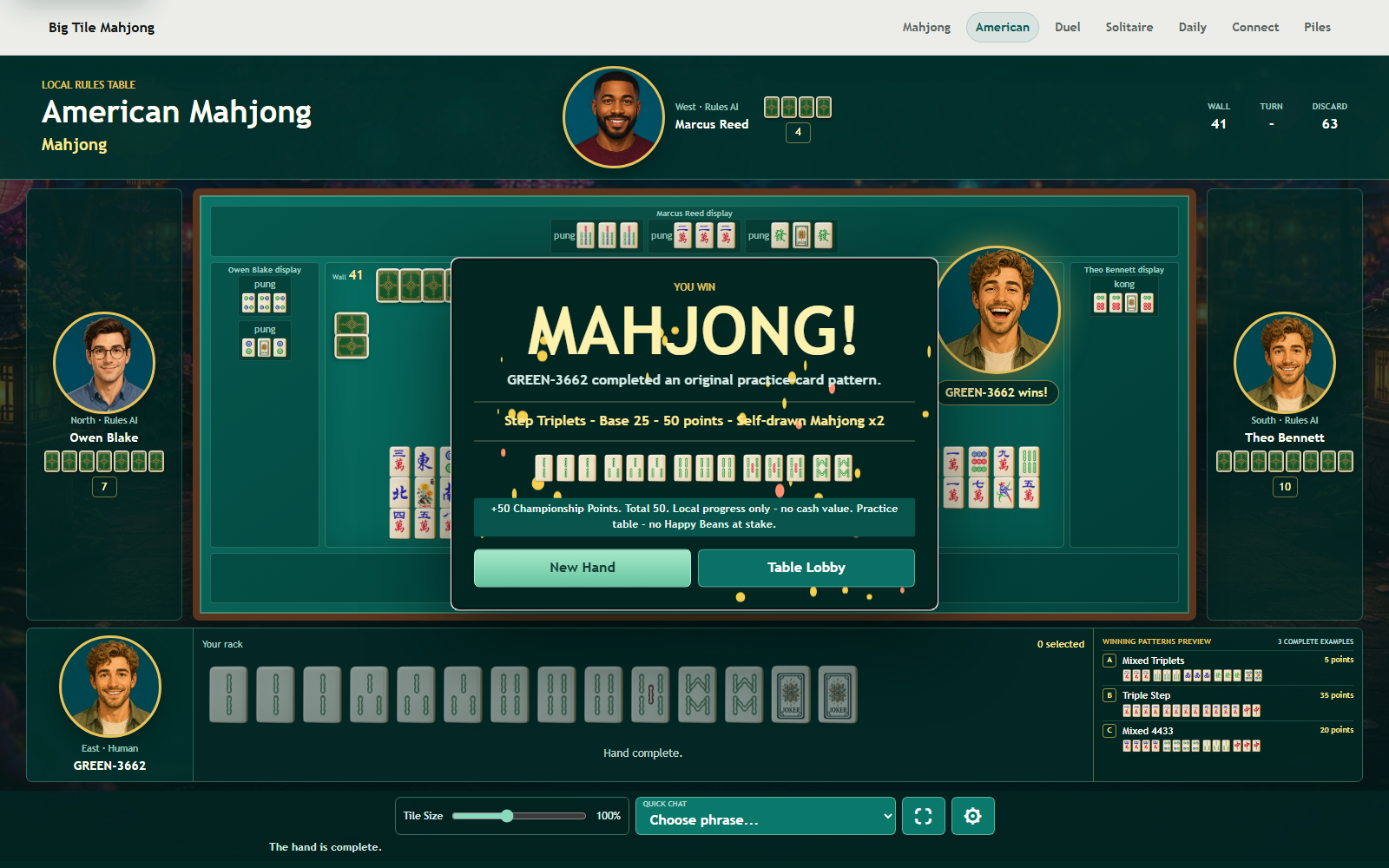 American Mahjong table at the moment of a winning Mahjong call with confetti and the smiling winner