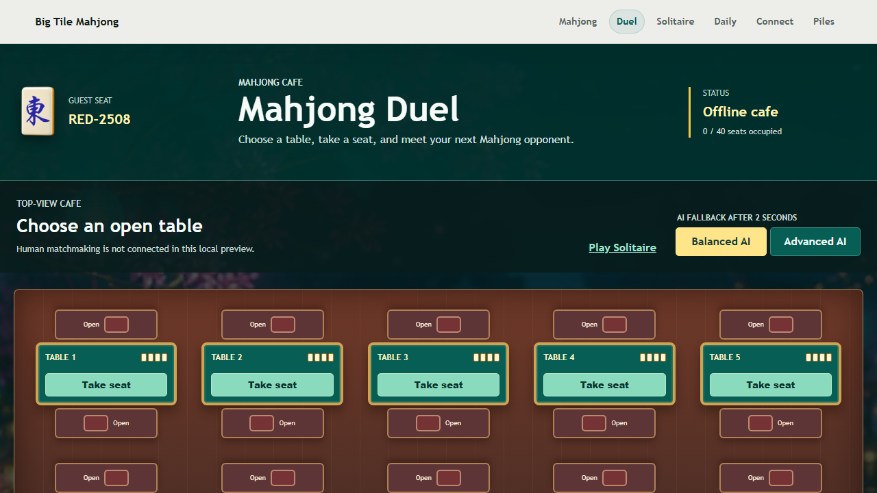 Top-view Mahjong Duel cafe with paired tables and open seats