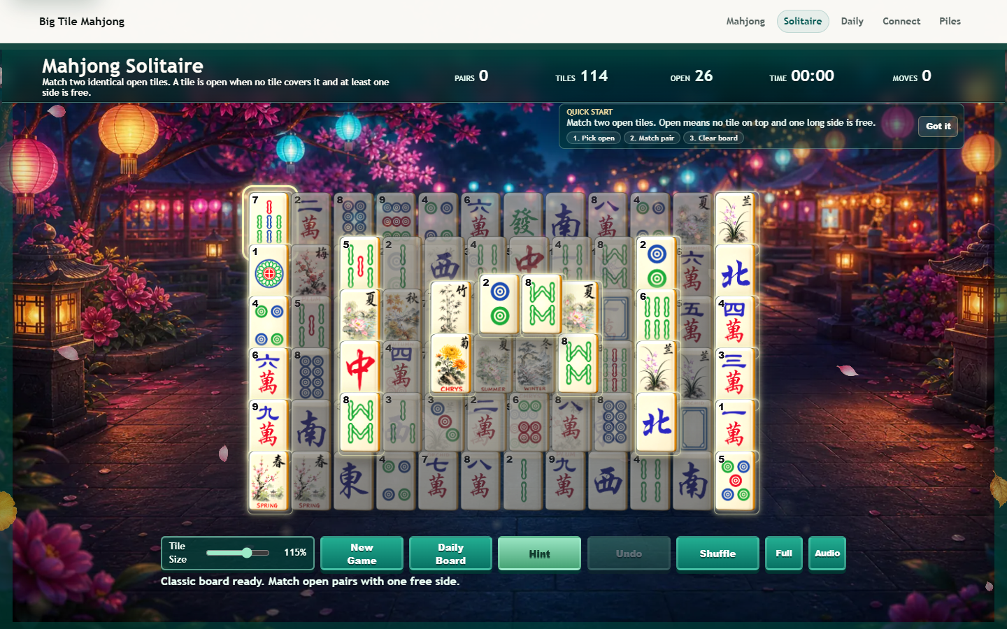 Classic Mahjong Solitaire game board with large readable tiles